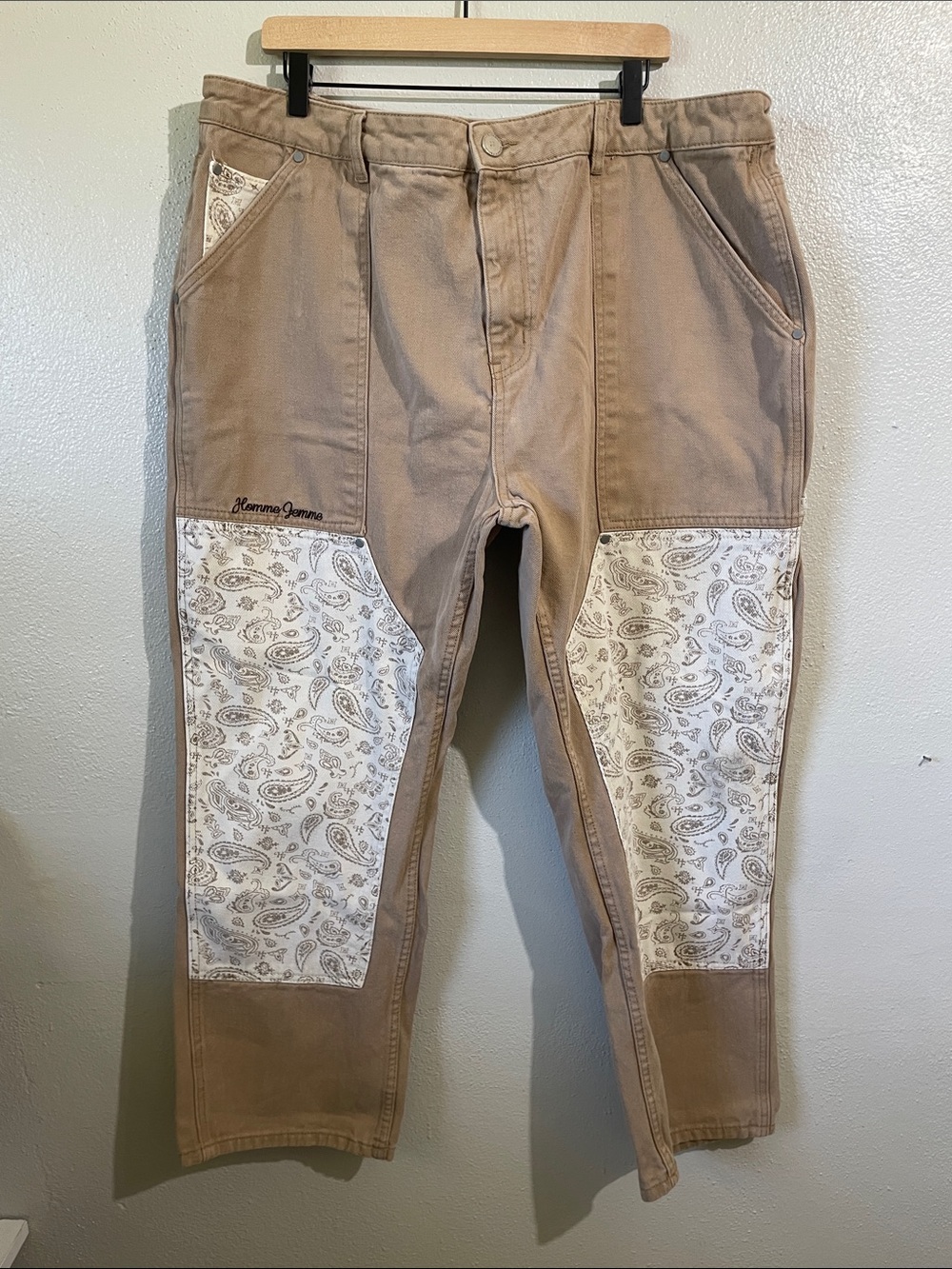Streetwear Skater Patchwork  Pants Tan Paisley Sz 42 Utility Artsy Homme + Femme